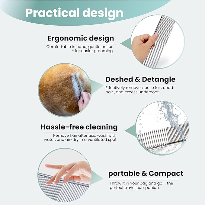 [3 Pack] Stainless Steel Pet Comb Set – Grooming Combs for Dogs & Cats, Large Medium Small Sizes – for Long, Short, Curly Hair, Detangling Matted or Knotted Undercoat Hair