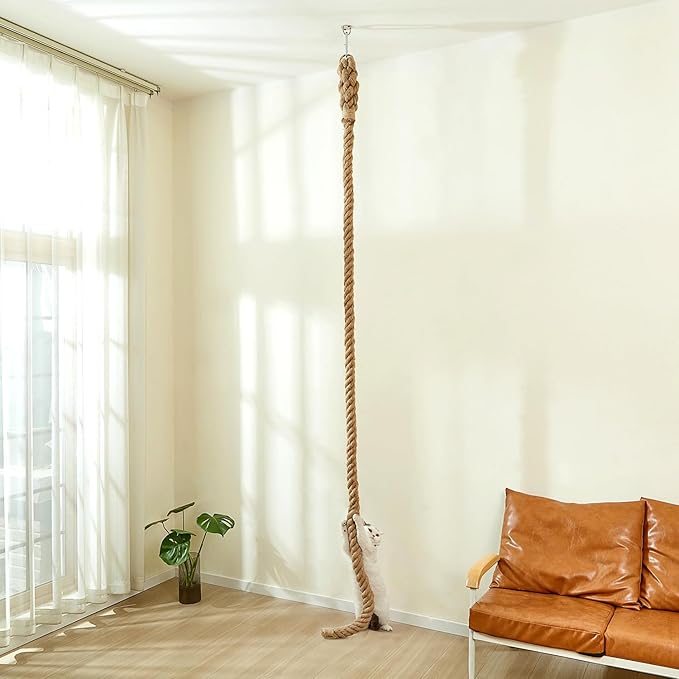 SHENGOCASE 1.9" x 8.9Ft Cat Climbing Jute Rope for Ceiling with Hook, Wall Mounted Furniture for Indoor and Outdoor Cats, Cimbing Pole (8.9 Feet)