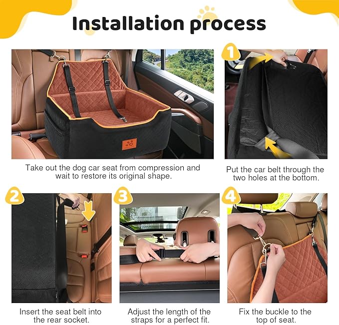 Dog Car Seat for Large/Medium Dog, Booster Seat for Dogs Under 55Lbs or 2 Small, Detachable and Washable Travel Pet Seat with Thick Cushion and Storage Pockets (Black/Brown)