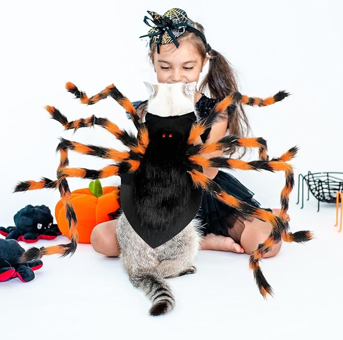 Dog Halloween Costumes, Furry Dog Spider Costume with 64 LED, Giant Spider Halloween Costume for Medium Large Dogs, Funny Costumes for Cat Pet Halloween Party Cosplay (Orange)