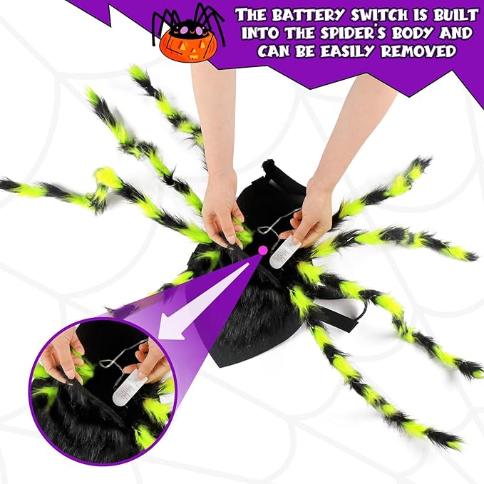 Dog Halloween Costumes, Furry Dog Spider Costume with 64 LED, Giant Spider Halloween Costume for Medium Large Dogs, Funny Dogs Costumes for Cat Pet Halloween Party Cosplay (Green)
