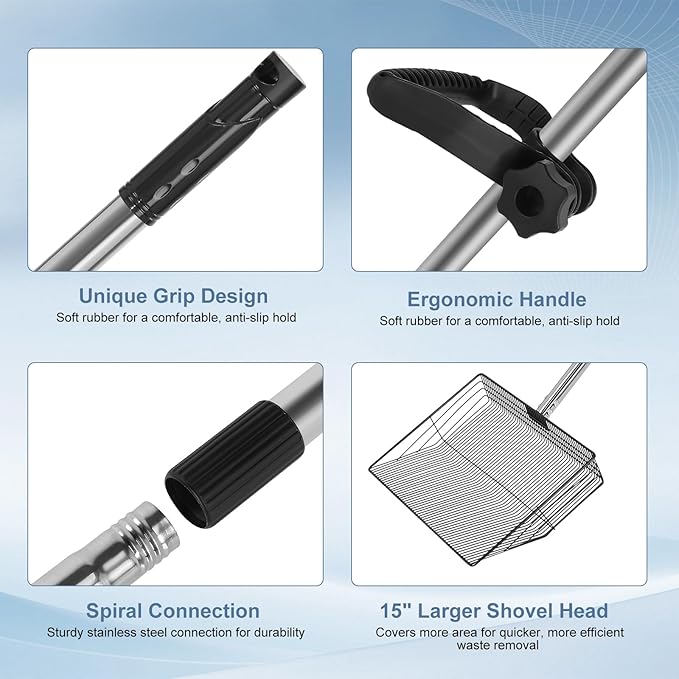 15inch Large Chicken Poop Scooper with Ergonomic Grip, 5 in 1 Adjustable Chicken Coop Pooper Shovel (24 to 76.5"), Stainless Steel Litter Sifting Shovel Scoop for Chicken Coop/Goat Stall/Stable