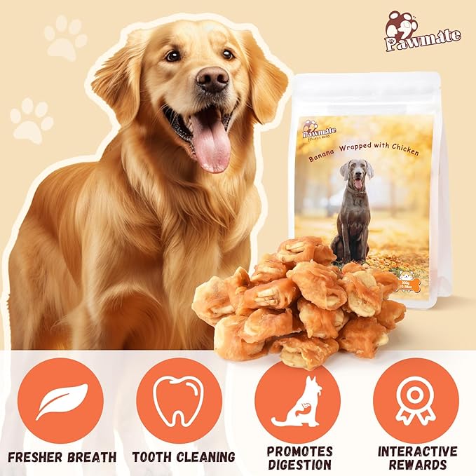 Dog Treats Chicken Wrapped Banana Slices with 1% Taurine, Healthy Training Snacks Rich in Natural Fiber, Rawhide-Free Grain-Free Soft Chews for Small Medium Dogs, 10.6oz