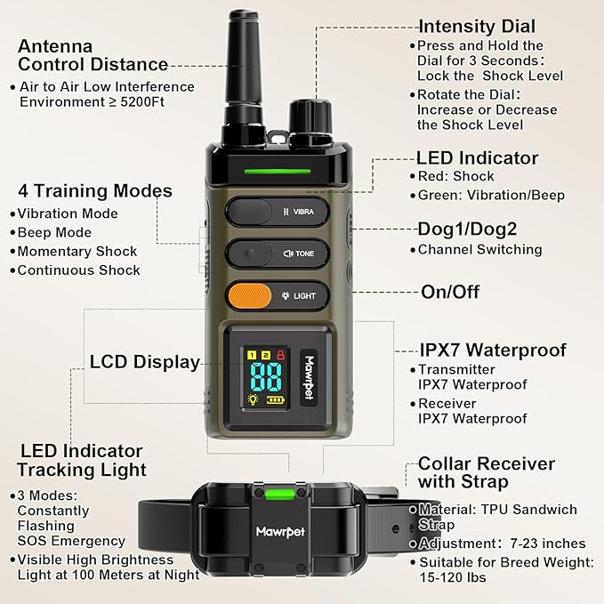 Dog Shock Collar 2 Dogs (15-120lb), 5200FT Range, IPX7 Waterproof, 4 Training Modes, Orange/Black