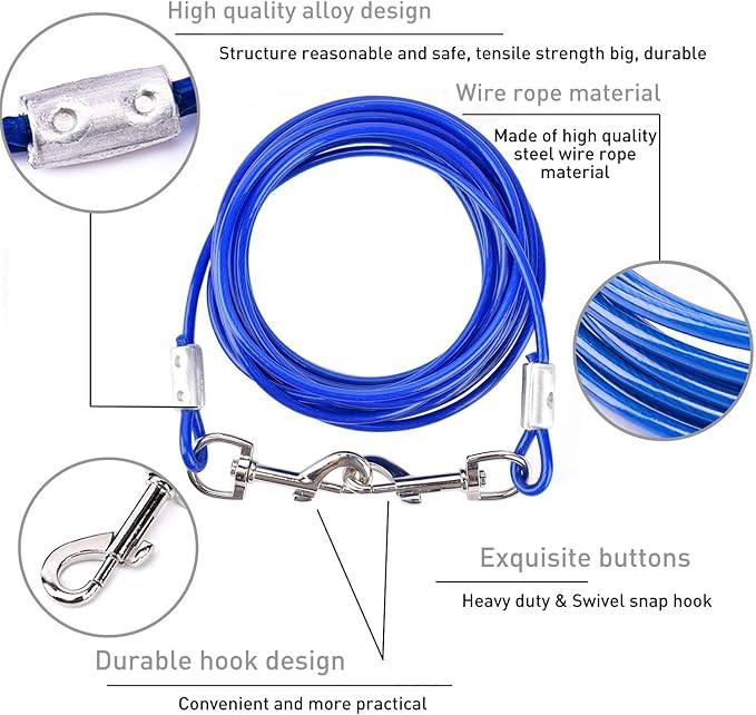 Evilplan Dog Tie Out Cable and Stake, 20ft Outside Dog Leash&Chain for Camping and Yard, 16'' Heavy Duty Anti Rust Spiral Stake for Medium-Large Dogs Up to 125 lbs (20FT, Blue)