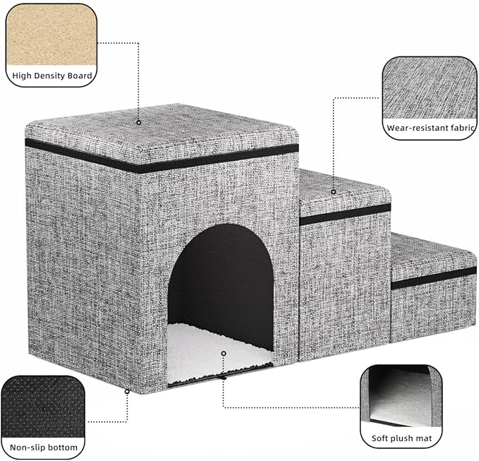 Dog Stairs with Storage, 3-Step Wider Dog Steps with Condo for Dogs and Cats, Pet Stairs for High Bed Climbing, Grey