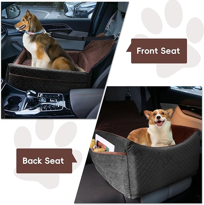 Dog Car Seat for Small Medium Dogs, Soft Fabric Dog Booster Seat with Storage Pockets, Safety Belt, Comfy Pet Car Seat Travel Bed, Removable and Washable