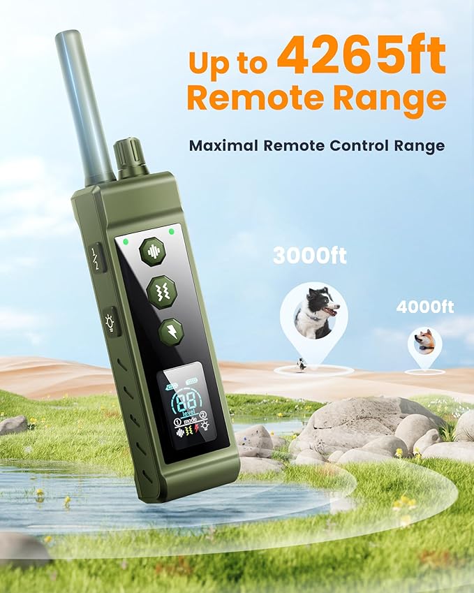 Dog Shock Collar 4265Ft Dog Training Collar with Remote for Large Medium Small Dogs, IP67 Waterproof with 4 Safe Training Modes, Security Lock, Dog Bark E-Collar for All Breeds(Green 1 Pack)