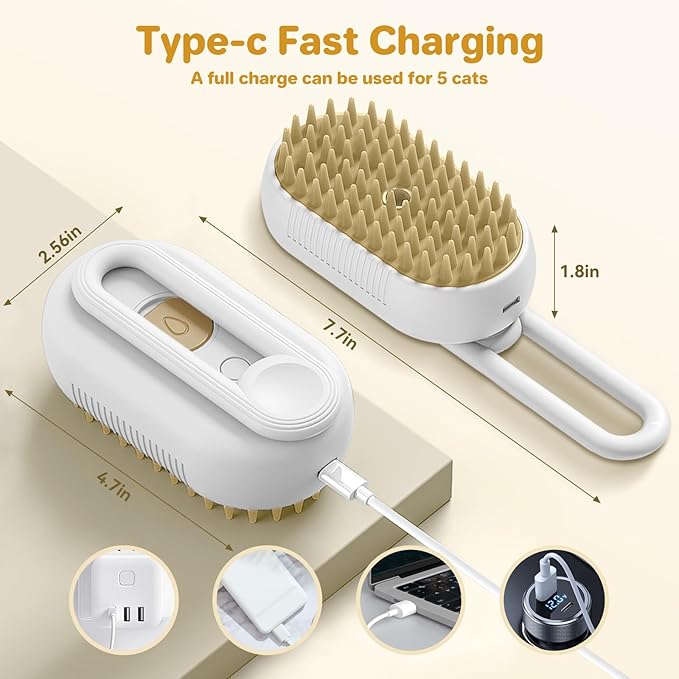 LunaSync Cat Steam Brush for Shedding, 4 in 1 Rechargeable Pet Grooming Brush for Cats and Dogs, Anti-Static Deshedding Tool with Massage & Cleaning, Comb for Long Short Hair - White