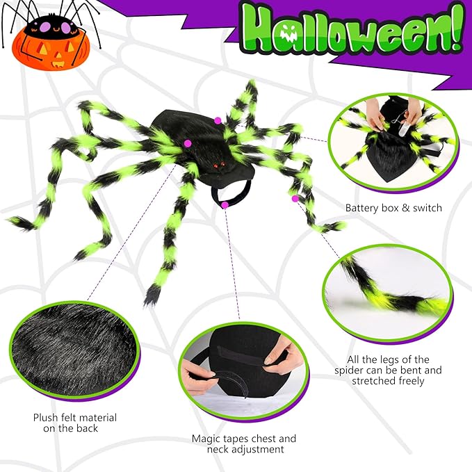 Dog Halloween Costumes, Furry Dog Spider Costume with 64 LED, Giant Spider Halloween Costume for Medium Large Dogs, Funny Dogs Costumes for Cat Pet Halloween Party Cosplay (Green)
