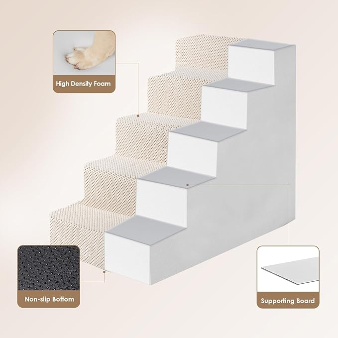 EHEYCIGA Dog Stairs for High Bed 22.5" H, 5-Step Dog Steps for Bed, Pet Steps for Small Dogs and Cats, Non-Slip Balanced Pet Ramp Indoor, Beige