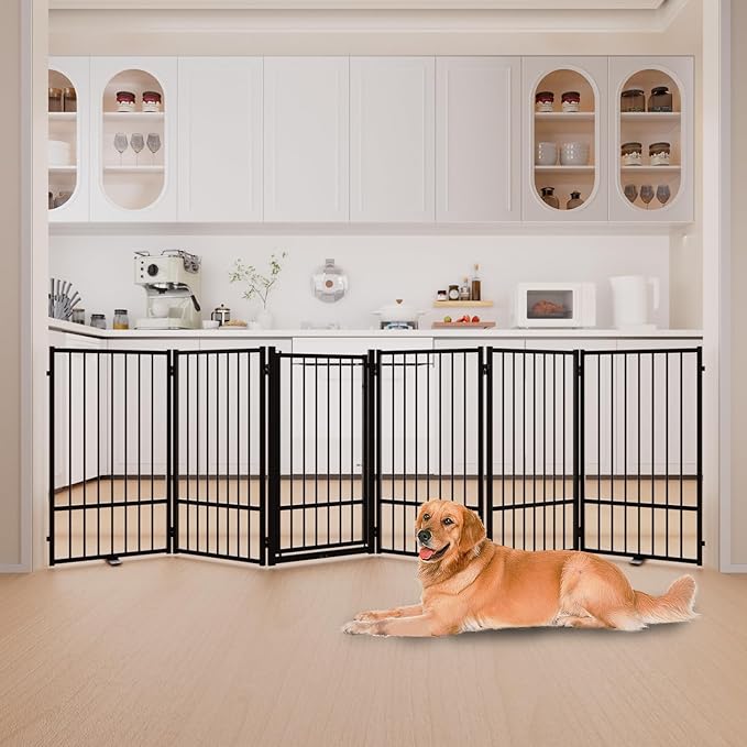 Full Metal Freestanding Dog Gate with Door, 36''Height Foldable Pet Dog Fence for Indoor & Outdoor, 6 Panels Extra Wide Free Standing TallDog Gates for Doorways,House,Stairs,Porch,Deck,Yard