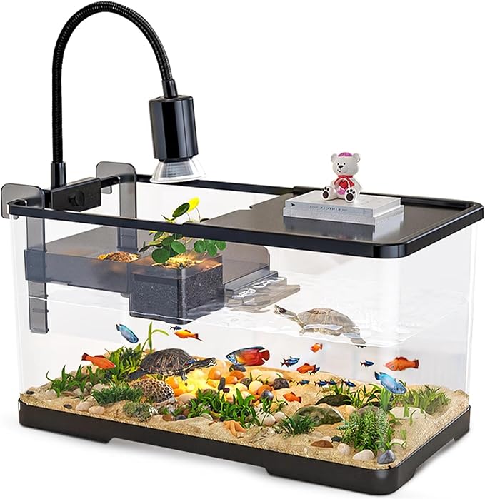 (Tank + Light + Filter + Filter Balls) Turtle Tank Kit, Turtle Tank Starter Kit,Bottom Drainage, Multi-Function Areas for Turtles, Crabs,Fishes, Amphibians,Reptiles. (15.75 x 8.64 x 8.64 Inch)