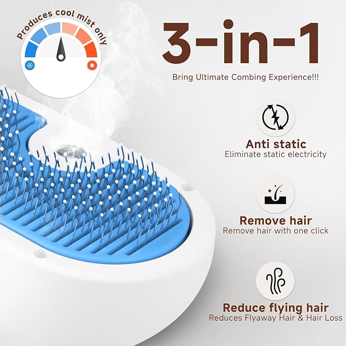 Pet Steam Brush for Dog & Cat - 3-in-1 Steam Grooming Brush for Shedding & Hair Removal - Self Cleaning Spray Comb with Mist for Long Haired Pets, Blue