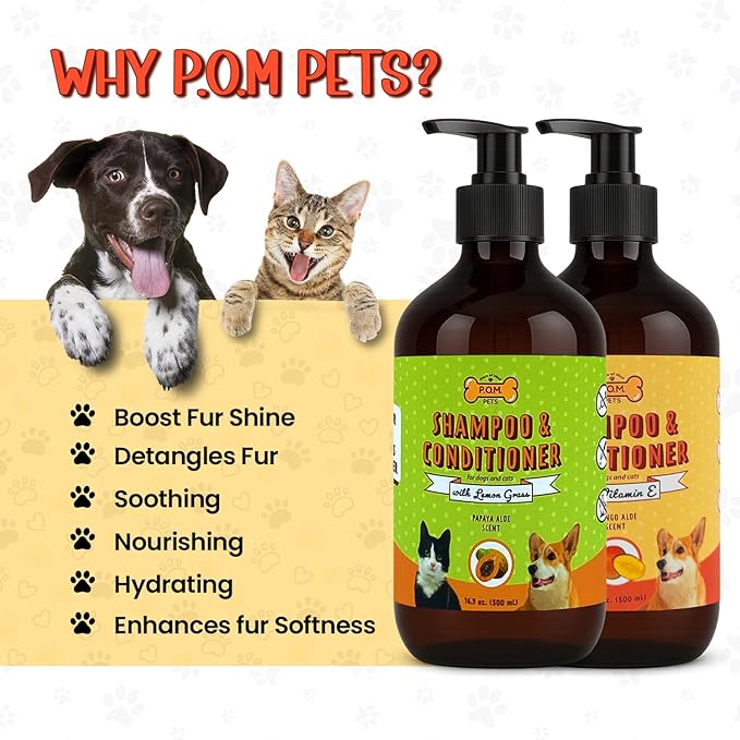 POM Pets 2 Pack 2-in-1 Organic Dog Shampoo & Conditioner – Itchy Skin Relief, Dog Deshedding, Detangles Fur, Cat Shampoo, Paw Cleaner for Dogs, Natural Coat Defense Formula