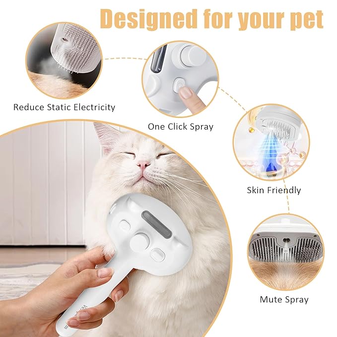 Cat Steam Brush for Shedding, Pet Steam Brush for Dog with Release Button,Anti-Static Pet Spray Hair Removal Comb,Cat Spray Comb for Long & Short Haired Pets,White