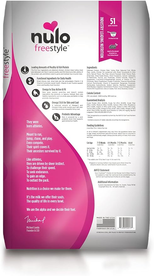 Nulo Freestyle High Protein Cat & Kitten Food, Chicken & Cod Recipe - Natural Grain-Free Dry Cat Food with Omega Fatty Acids & Probiotics, 14 lb Bag