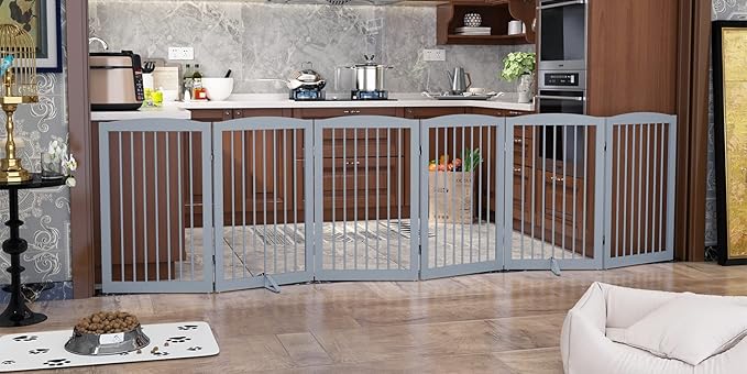 Freestanding Pet Gate for Dogs, Indoor Wooden Foldable Dog Gate for House, Extra Wide, Pet Fence for Stairs, Doorways, Halls, Support Feet Included, 120 Inch Wide, 6 Panels 32",Grey