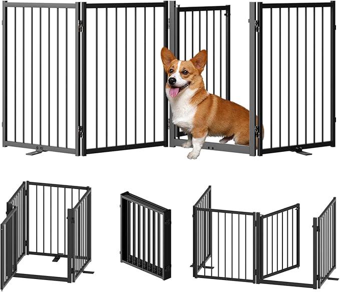 Full Metal Freestanding Dog Gate with Door, 24'' Height Foldable Pet Dog Fence for Indoor & Outdoor, 4 Panels Extra Wide Free Standing SmallDog Gates for Doorways,House,Stairs,Porch,Deck,Yard