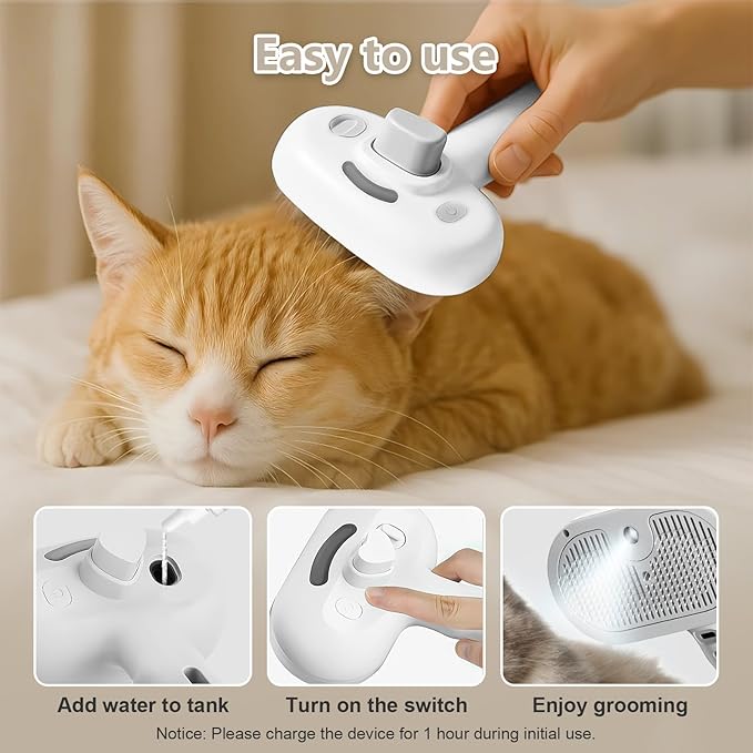 ‌3-in-1 Pet Steam Brush with Self-Cleaning & Cool Mist‌ – Portable Grooming Tool for Cats & Dogs, Long-Lasting Shedding Control & Detangling, Refillable Water Tank & Fast Charging
