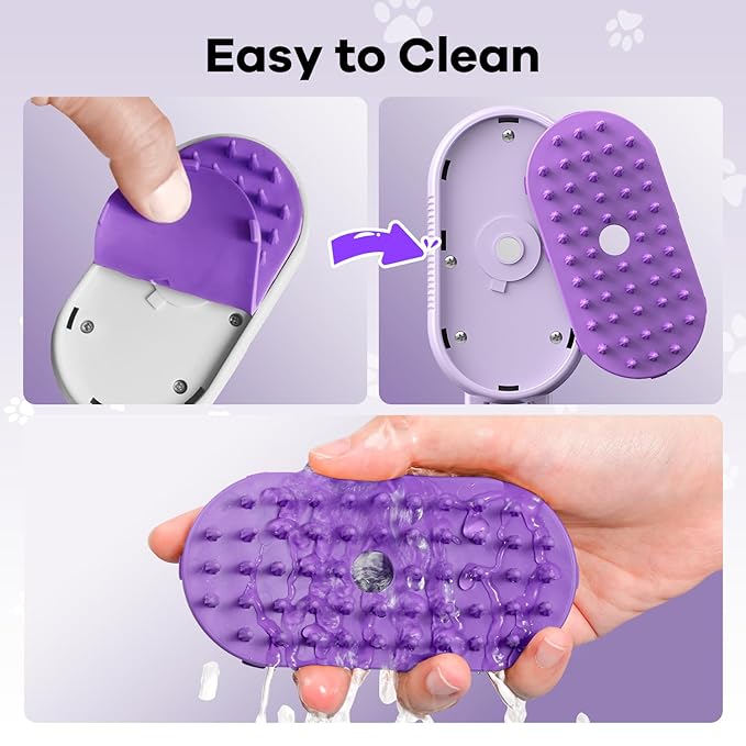 Cat Steam Brush for Shedding, 4 in 1 Rechargeable Steam Brush for Cats and Dogs, Anti-Static, Massage, Cleaning, Shedding & Combing All In One! (purple)