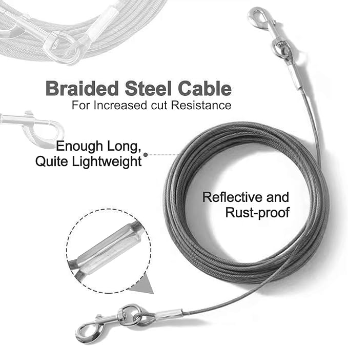 10FT Heavy Duty Dog Tie Out Cable for Large Dogs up to 125lbs, Durable Runner Tether Line (Black)