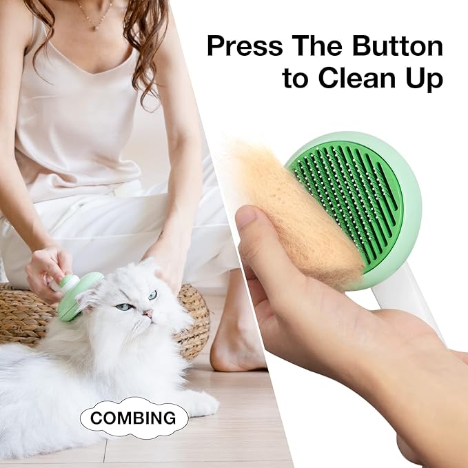 Self-Cleaning Cat Brush for Shedding & Pet Grooming - Effortlessly Removes Tangles, Loose Undercoat, and Mats for Cats & Dogs (Green)