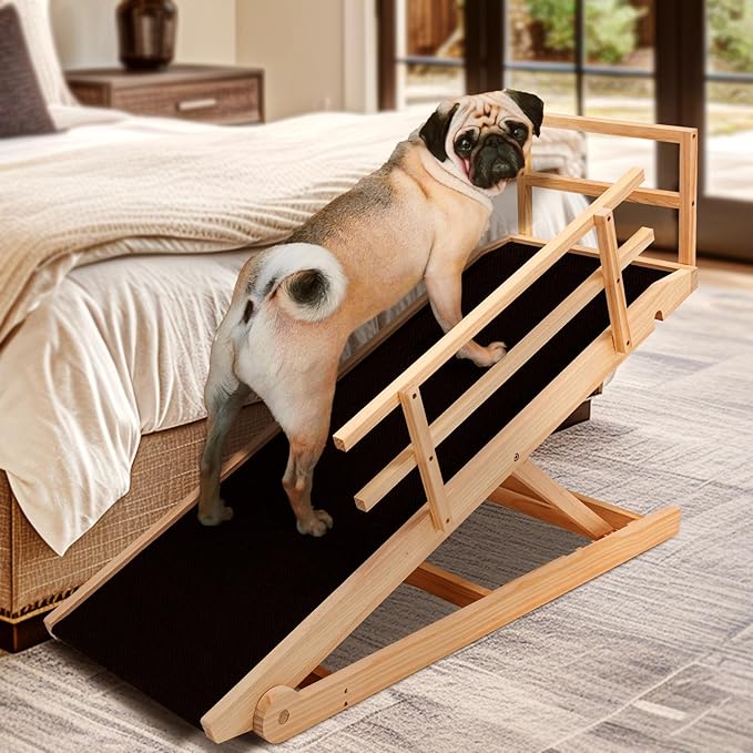 Dog Ramp for Bed, Adjustable Pet Ramps for Dog to Get on Bed, Non-Slip Rubber Surface - Folding Wooden Dog Ramp for Small/Large/Old Dogs, Adjustable up to 27.5 inch High Beds, Safety Railings