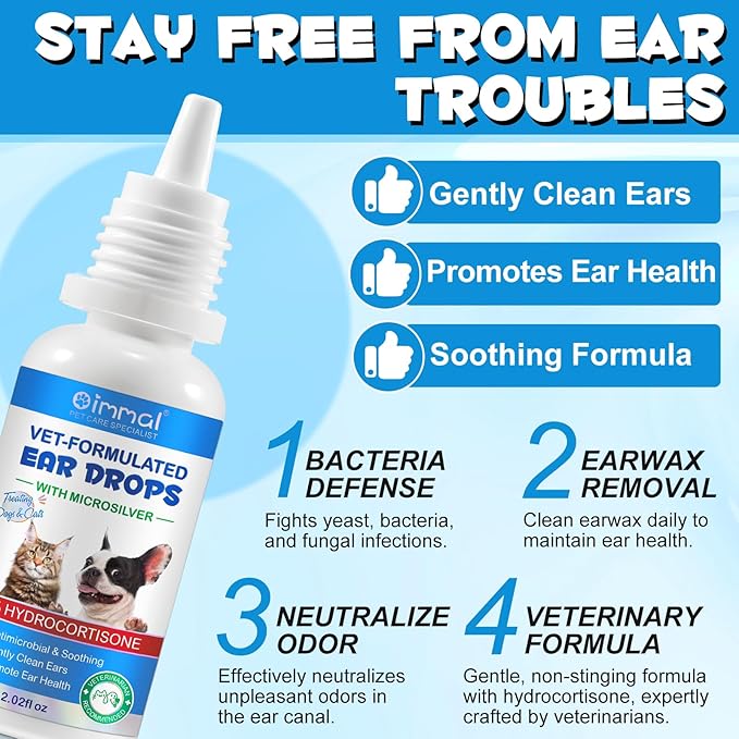 Dog Cat Ear Infection Treatment Drops, Pets Ear Cleaning Drops with 1% Hydrocortisone for Dog & Cats Yeast Infection, Itchy Ear Relief, Pet Ear Care Supplies for Dogs & Cats -2fl oz(2PCS)