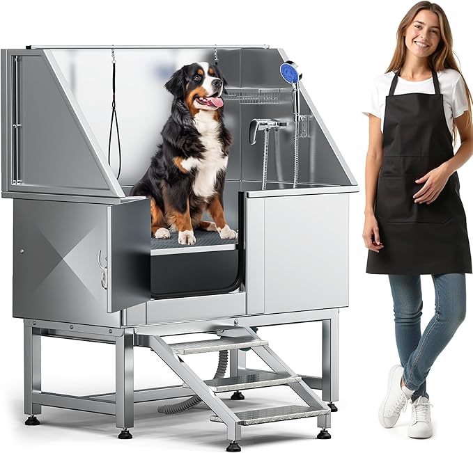 DWVO Professional Pet Dog Bathing Station for Grooming, 50'' Dog Grooming Bathtub with Left Stairs, Floor Grate, Faucet, Showerhead & Soap Holder for Large, Medium & Small Pets