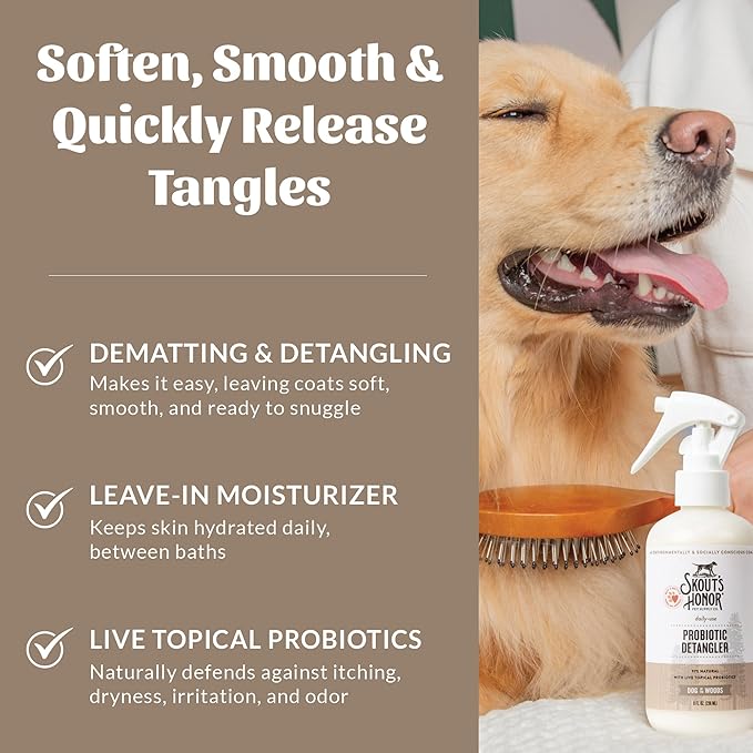 Skout's Honor Pet Detangler Spray - Hydrating & Conditioning with Avocado Oil & Probiotics, 97% Natural, Paraben & Sulfate-Free, softens for a brushable Coat, Daily Use, 8oz, Dog of The Woods, 2-Pack