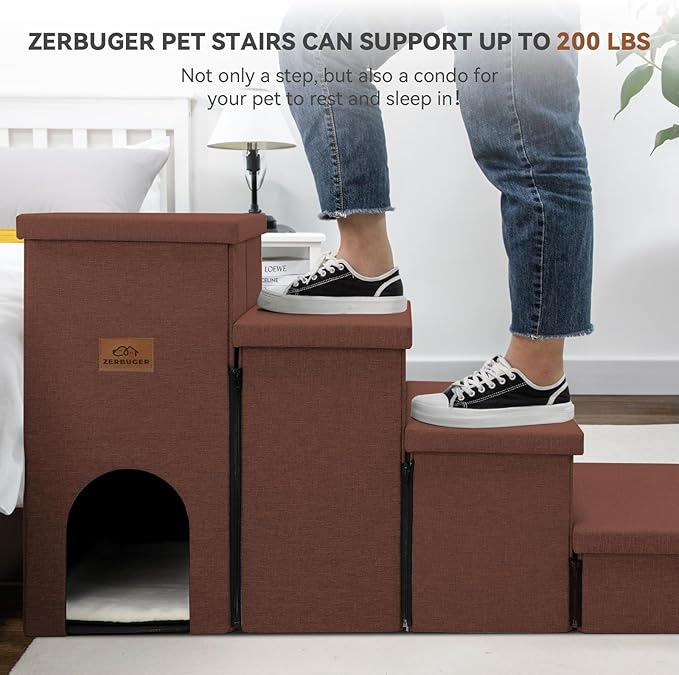 Dog Stairs with Condo 23" H, 4-Step Wider Dog Steps for High Beds Window, Folding Storage Pet Stairs Gift for Small/Medium/Large Old Dogs Cats, Ramp for Climbing Car Hold Up to 200 lbs, Brown