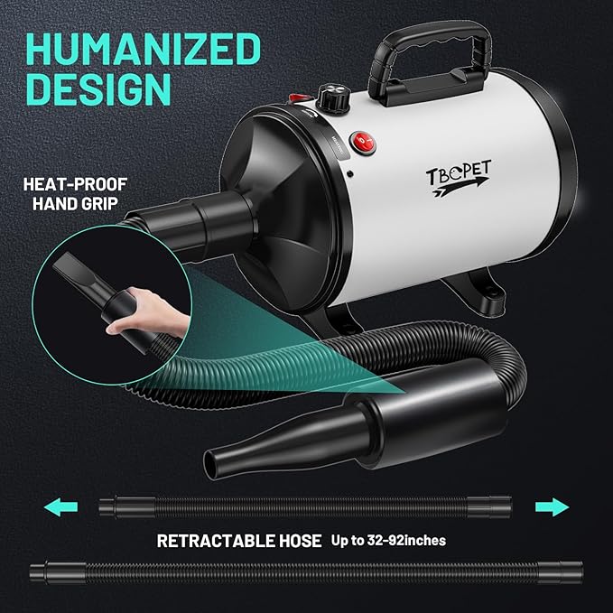 Dog Dryer High Velocity Dog Hair Dryer with 4 Nozzles 5.2HP/3800W (Professional Super Cyclone), Stepless Adjustable Speed Temperature Dogs Grooming Blow Dryer with Heater for Pets Hair Dryer, White