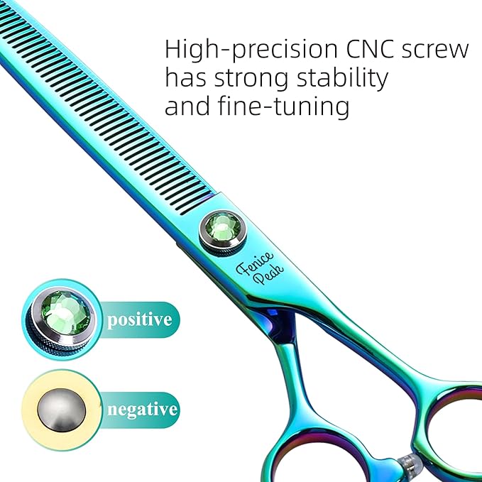 Fenice Peak 7'' Green Thinning Dog Grooming Scissors Pet Shears with Ergonomic Offest Handle and Simulated Emerald Screw 440C Grooming Scissors Trimming Shears Durable and Sharp