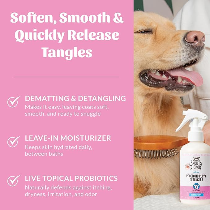 Skout's Honor Pet Detangler Spray - Hydrating & Conditioning with Avocado Oil & Probiotics, 97% Natural, Paraben & Sulfate-Free, softens for a More brushable Coat, Daily Use, 8oz, Happy Puppy, 2-Pack