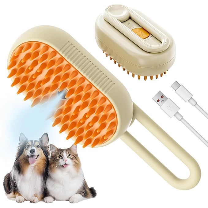 LunaSync Cat Steam Brush for Shedding, 4 in 1 Rechargeable Pet Grooming Brush for Cats and Dogs, Anti-Static Deshedding Tool with Massage & Cleaning, Comb for Long Short Hair - Beige