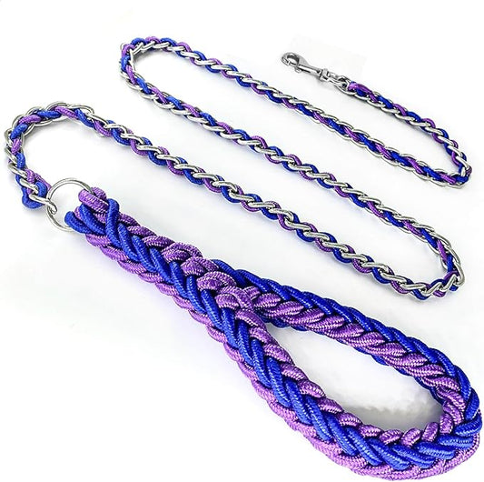 Dog Leash Rope Chain, Nylon Rope Metal Chain for Pet Leads. 6ft Heavy Duty Chew Proof Training Walking for Medium Large Dogs. (Large, Blue&Purple)