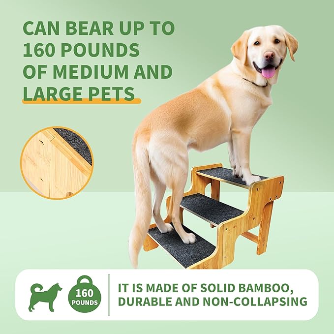 Dog Stairs for Small Dogs,3-Step Bamboo Wooden Dog/Pet/Cat Steps Ramp for Couch Sofa,Bed and Car, Can Support Weighing Up to 160 LB,