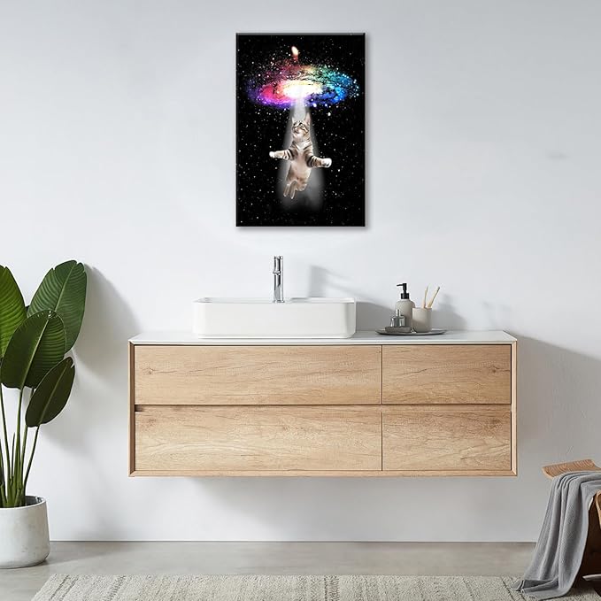 Funny Cat Wall Art Canvas Galaxy Wall Decor Prints Framed Painting Animal Pictures Gifts Artwork for Bathroom Living Dining Kitchen 16"x24"