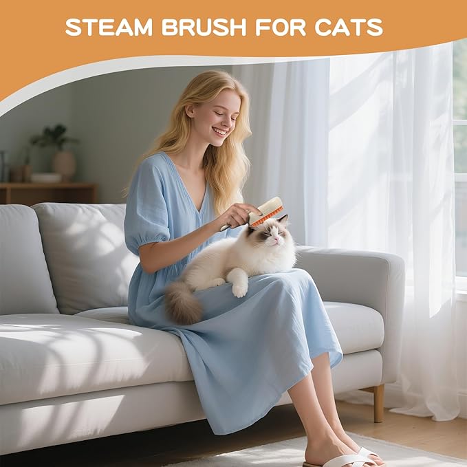 Pet Steam Brush, Rechargeable Cat Steam Brush for Shedding, 2025 New & 4 in 1 Pet Spray Hair Removal Comb with Anti-Static,Massage, Cleaning, Shedding & Combing All In One! (Khaki)