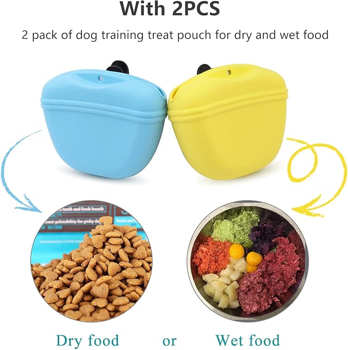 Dog Treat Pouch 2 Pack, Dog Treat Training Pouch, Silicone Pet Treat Bag BPA Free/Clip/Magnetic Dog Walk (Yellow & Blue)