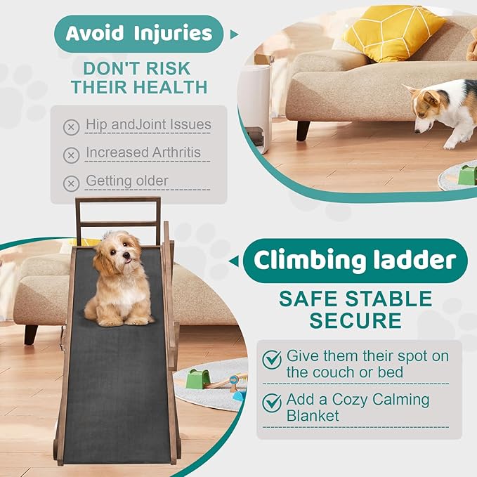 Dog Ramp for Bed, Adjustable Pet Ramps for Dog to Get on Bed, Non-Slip Rubber Surface - Folding Wooden Dog Ramp for Small/Large/Old Dogs, Adjustable up to 23.5 inch High Beds, Safety Railings