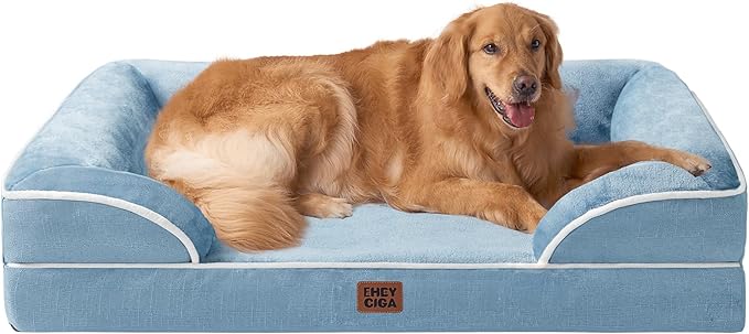 EHEYCIGA Orthopedic Dog Beds for Extra Large Dogs, Waterproof Memory Foam XL Dog Bed with Sides, Non-Slip Bottom and Egg-Crate Foam Big Pet Bed with Washable Removable Cover, Washed Blue