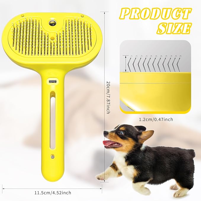 QOQ Self-Cleaning Spray Cat Brush for Shedding, Removes Static Flying Hair, and Works Wonders for Both Long and Short-Haired Pets 2 In 1 Cleaning Brush for Cats And Dogs Grooming (Yellow)