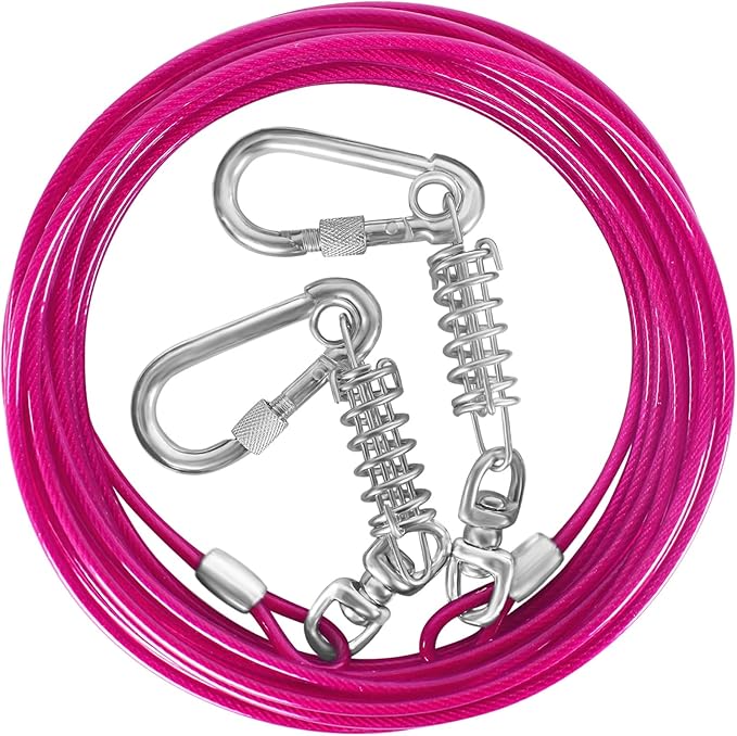 Dog Tie Out Cable - 10/15/20/25/30FT Heavy Duty for Large Dogs Up to 250LBS - Rosy Pink/Blue/Purple/Silver/Red/Green/Yellow