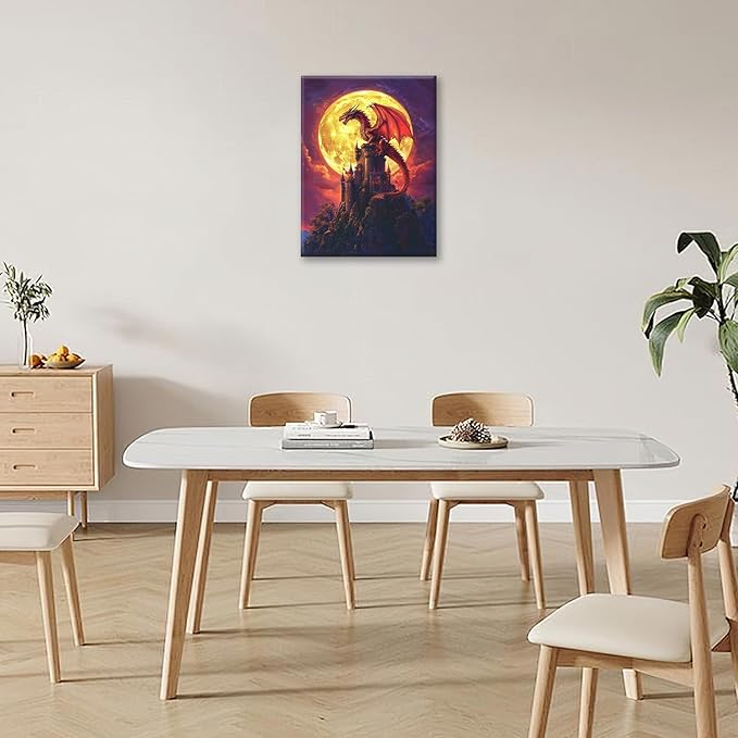 Dragon Bathroom Pictures Wall Art, Red Dragon Castle Bathroom Wall Decor, Framed Painting Canvas Artwork for Bedroom Living Room Decorations 16"L x 12"W