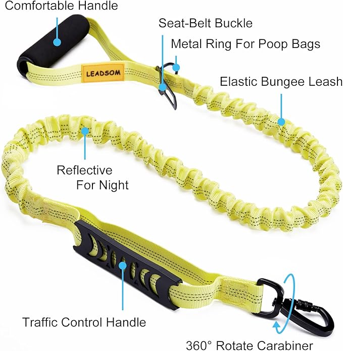 6FT Highly Reflective Heavy Duty Elastic Bungee Medium and Large Dog Leash Shock Absorbing with Comfortable Padded Handle and Traffic Handle Suitable for Training Yellow