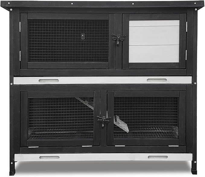 Double Level Solid Wood Rabbit Hutch Small Animal Cage for Rabbits, Guinea Pigs, Hedgehogs & Lizards Indoor/Outdoor– 2-Tier Eco-Friendly Habitat with Bedding Area, Durable & Easy to Clean