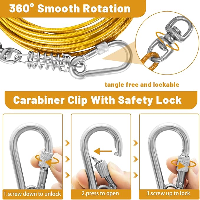 Dog Tie Out Cable 10/15/20/25/30FT Dog Run Cable Rosy Pink/Blue/Purple/Silver/Red/Green/YellowTie Out Cable for Large Dogs Heavy Duty for Outside Hold Large Dogs Up to 250LBS