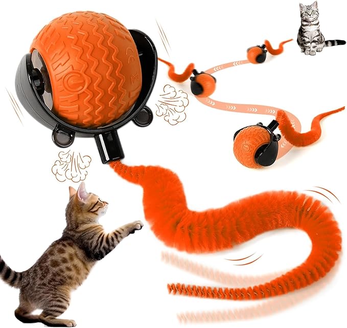 nteractive Cat Ball Toy, Cat Toy Ball with Cord Imitation Mouse, Obstacle Avoidance Smart CatToy Balls, Motion Activated Toys to Keep Them Busy (Orange, 1)